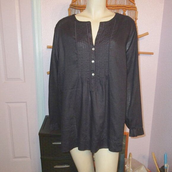 J. Jill Love Linen Top Size 2X Black Pintuck Button Up Tunic Minimalist Lagom - Picture 1 of 11